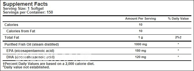 Omega-3 žuvų taukai citrinų skonio 1000mg. Pakuotėje 150 kapsulių.