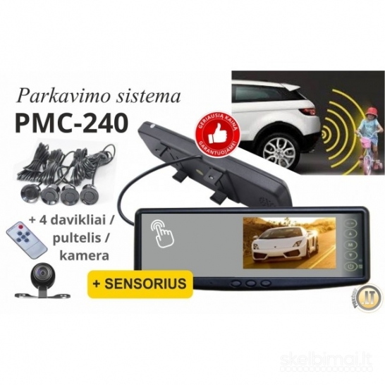 Parkavimo sistema galinio vaizdo veidrodėlyje PMC-240+ 4 davkikliai + kamera