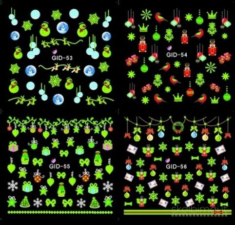 Tamsoje švytintys kalėdiniai vandens pagrindu klijuojami nagų lipdukai