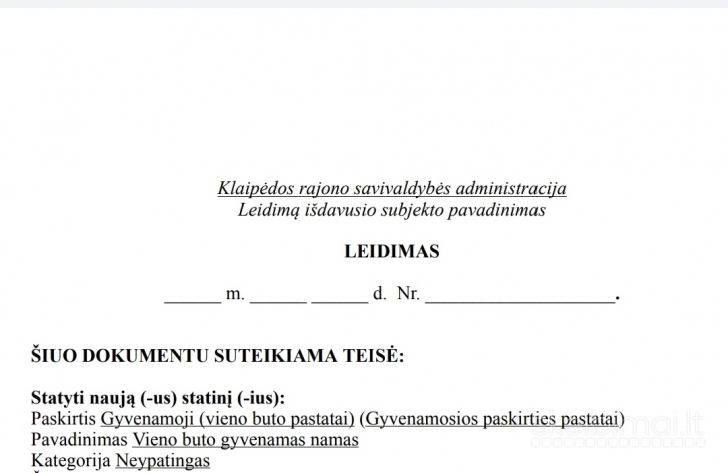 Sklypas su statybos leidimu Klaipėdos rajone