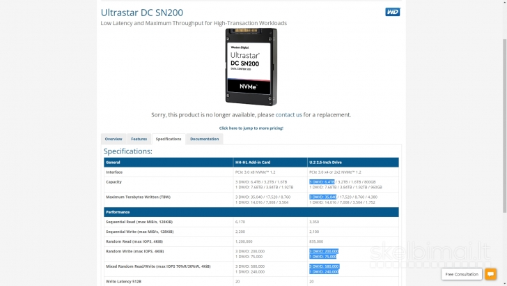 6.4TB SSD NVME WESTERN DIGITAL ULTRASTAR DC SN200 IR U.2 PCIE ADAPTERIS NAUJAS