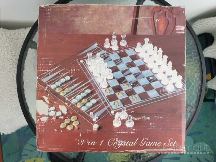Nauji stikliniai šachmatai, šaškės ir nardai, 35x35 cm (3 in 1)