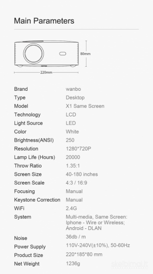 Naujas Xiaomi Wanbo X1 vaizdo projektorius 