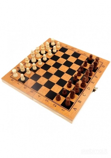 Mediniai šachmatai su medine lenta + šaškės ir nardai