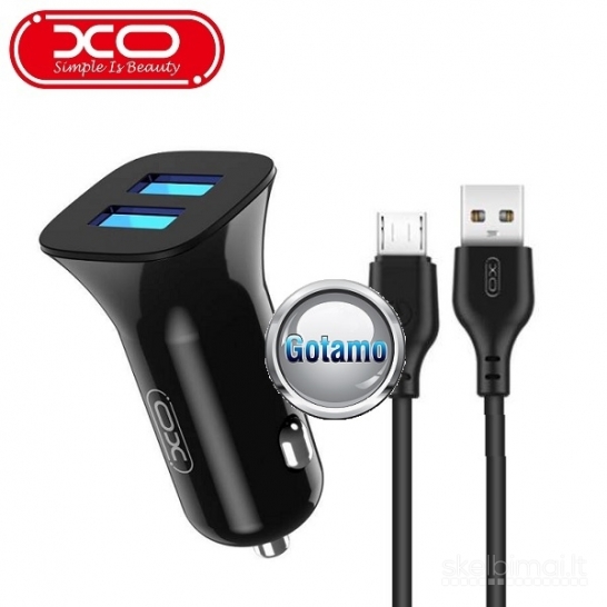 Auto kroviklis Micro USB 5V 2.4A 12W 1 metro atjungiamu laidu XO 2 lizdų