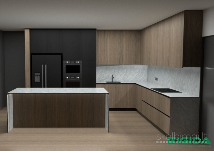 Modernūs Tikmedžio ir juodo fasado virtuvės baldai