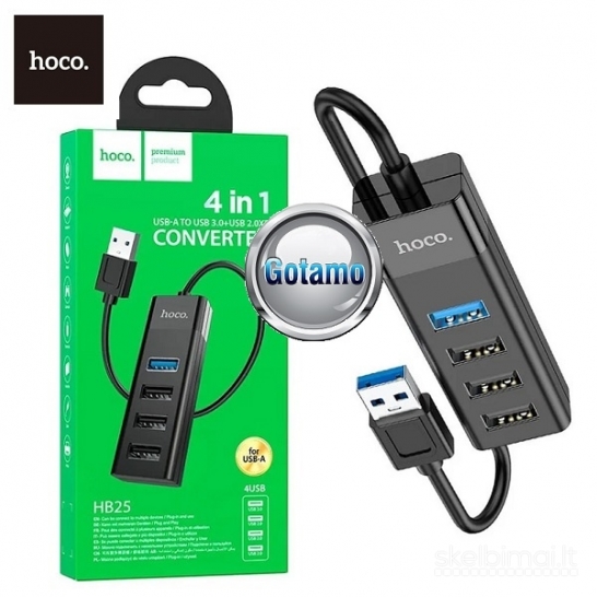 USB šakotuvas USB 3.0 1 lizdas ir USB 2.0 3 lizdai Hoco (USB HUB) WWW.GOTAMO.LT