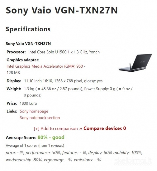 Sony Vaio Txn27n / U1500 / 2gb RAM / 100gb