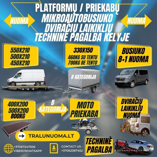 MOTOCIKLŲ PRIEKABŲ NUOMA- Platformų Priekabų Traliuko Nuoma 24/7 +37062387452