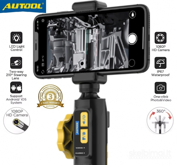 AUTOOL SVB302 ENDOSKOPAS SU PASUKAMU 360° APŽVALGOS ZONDU+1080P+IP67+3000mAh