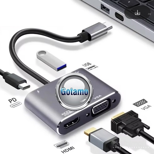 Type-C šakotuvas HDMI lizdas, USB 3.0 lizdas, Type-C lizdas ir VGA lizdas