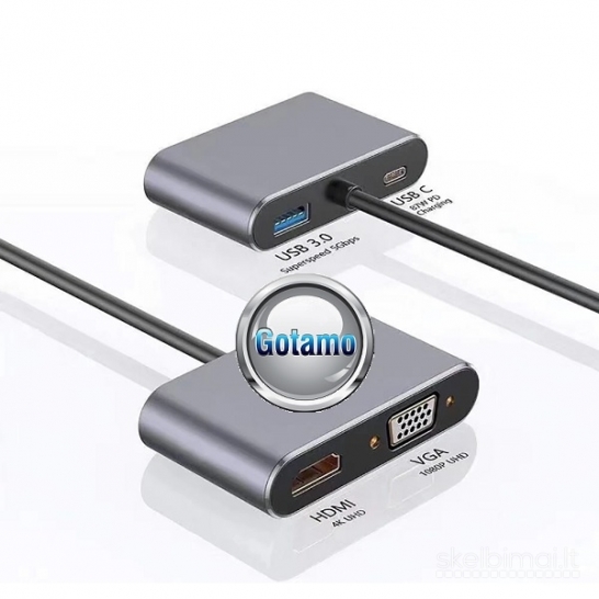 Type-C šakotuvas HDMI lizdas, USB 3.0 lizdas, Type-C lizdas ir VGA lizdas