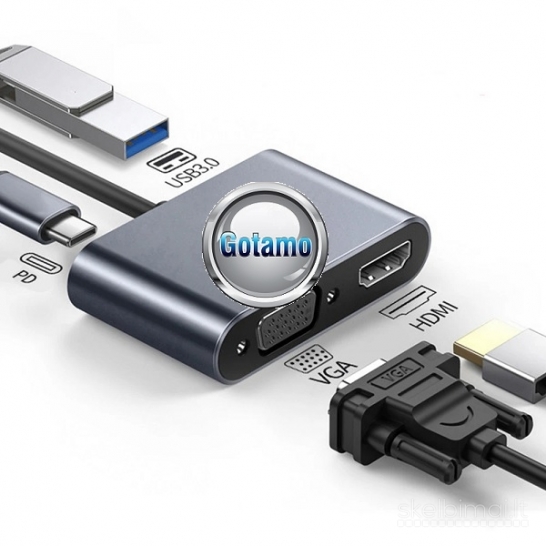 Type-C šakotuvas HDMI lizdas, USB 3.0 lizdas, Type-C lizdas ir VGA lizdas