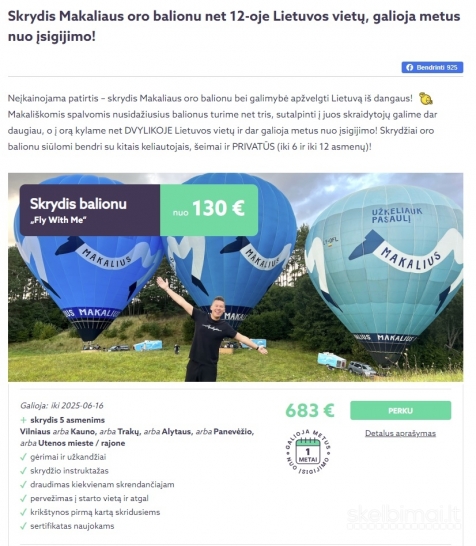 Skrydis Makaliaus oro balionu Vln 5 asm. už 500 Eur