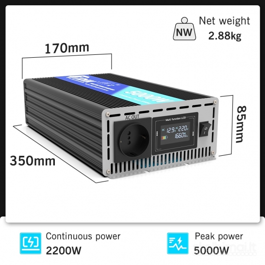 12v 24v Inverteris įtampos keitiklis 2200w 220v Eu transportui Pure sine wave