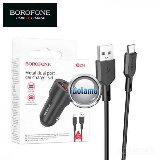 Auto kroviklis USB 5V 2.4A 12W 2 lizdų ir Type-C laidas Borofone