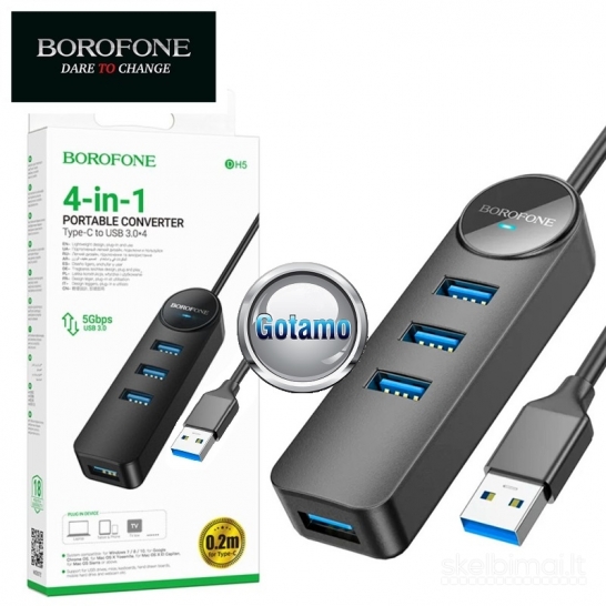 USB 3.0 4 lizdai Borofone 30cm USB šakotuvas (USB HUB) WWW.GOTAMO.LT