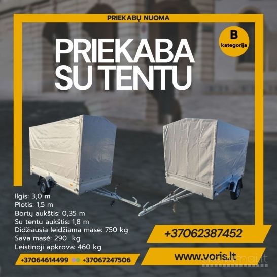 Priekabų-Tralų Įvairių nuo 3 iki 6metrų nuoma +37062387452