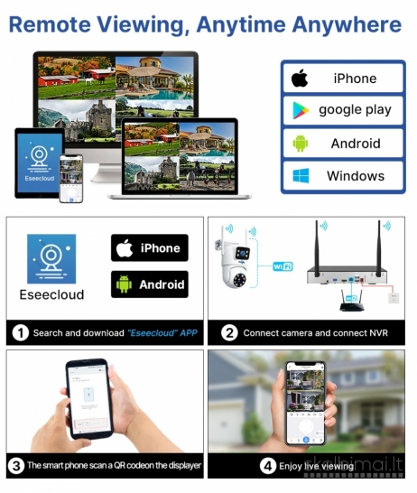 Naujas Belaidis dvigubų valdomų 360 4vnt saugos kamerų komplektas su NVR