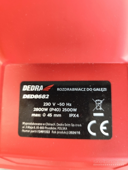 Šakų smulkintuvo nuoma DEDRA 2800W 45 mm