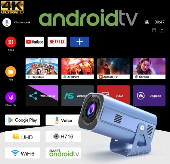 4K ULTRA MAX PROJEKTORIUS+TV-IMTUVAS+VIRŠ 2000 GOOGLE TV KANALŲ NEMOKAMAI!