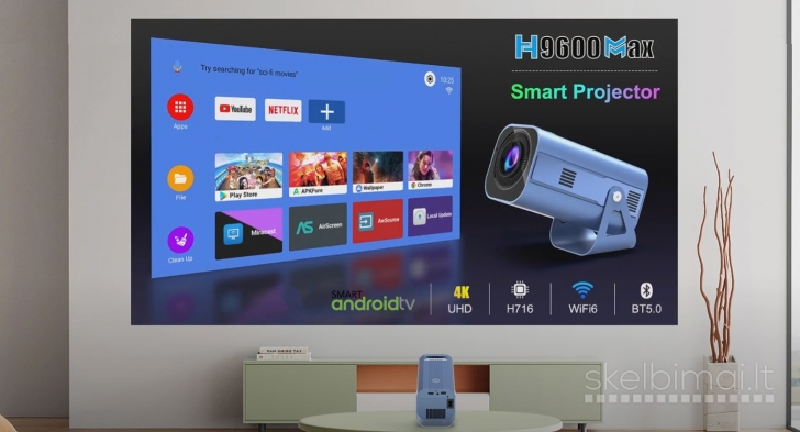 4K ULTRA MAX PROJEKTORIUS+TV-IMTUVAS+VIRŠ 2000 GOOGLE TV KANALŲ NEMOKAMAI!