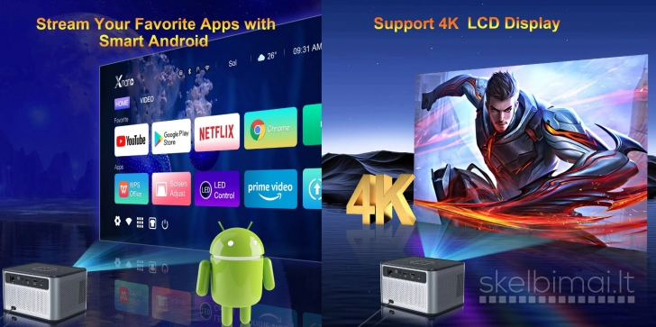 NAUJAS! 4K ULTRA PROJEKTORIUS+TV-IMTUVAS+VIRŠ 2000 GOOGLE TV KANALŲ NEMOKAMAI