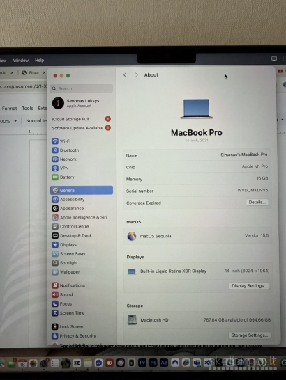 Apple M1 Pro 16gb RAM 1tb SSD + Garantija
