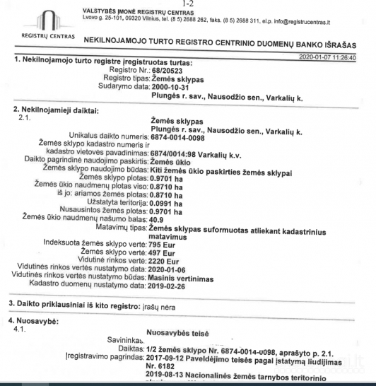 Žemės ūkio paskirties 0.97 ha  Plungės r. Varkalių k. 