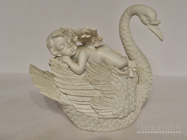 Dekoratyvinė dežutė - skulptūrelė gulbė su miegančiu angelu, 13cm.