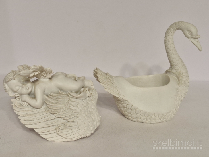 Dekoratyvinė dežutė - skulptūrelė gulbė su miegančiu angelu, 13cm.