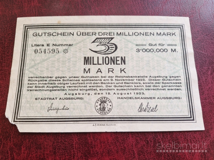 3 Millionen Mark 1923 Augsburg Notgeld Vokietija