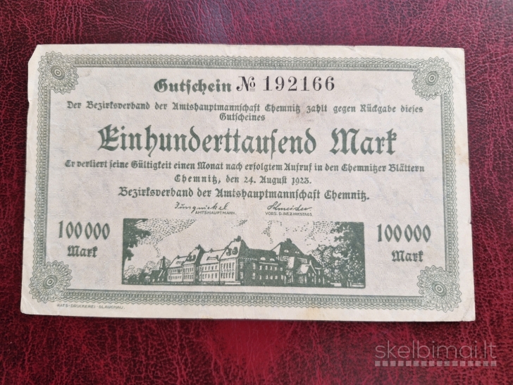 100,000 Mark 1923.08.24 Chemnitz Notgeld Vokietija
