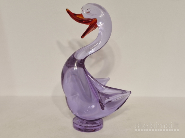 Violetinė stiklinė gulbės/anties figūra, Murano stiliaus, 20,5cm.