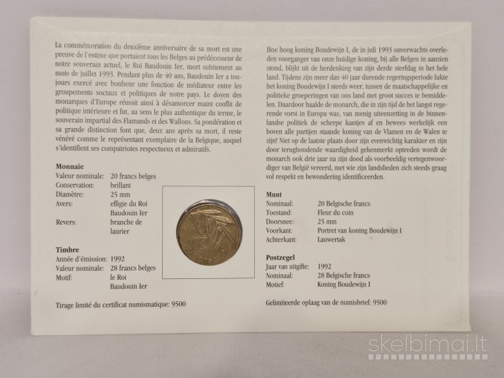 Belgija 20 frankų, 1993 KM# 159 Numizmatiniam voke