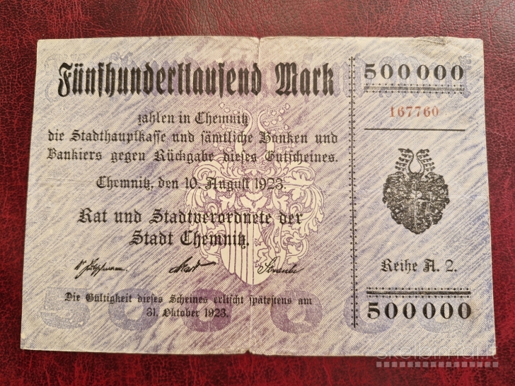 500,000 Mark 1923.08.10 Chemnitz Notgeld Vokietija