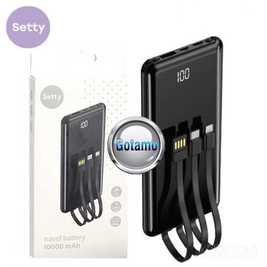 584 10000mAh Setty išorinė baterija (Power Bank) su Type-C, Lightning laidais