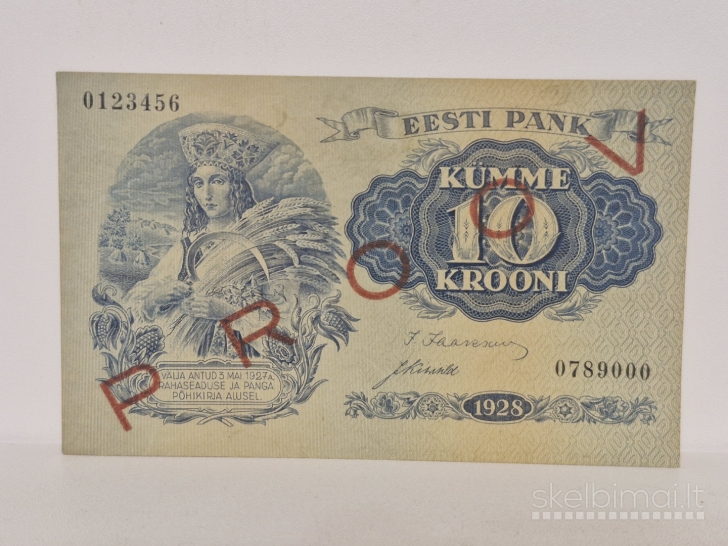10 Krooni 1928 Estija PROOV specimen pavyzdys