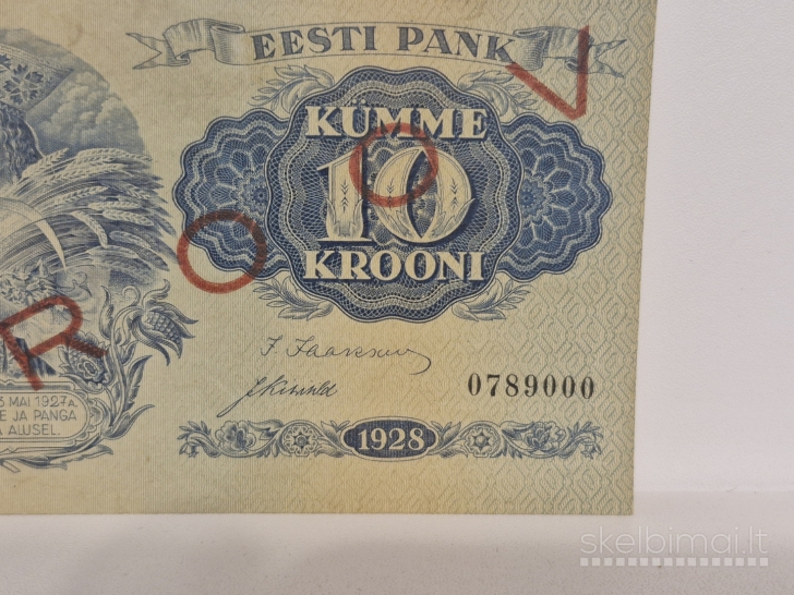10 Krooni 1928 Estija PROOV specimen pavyzdys