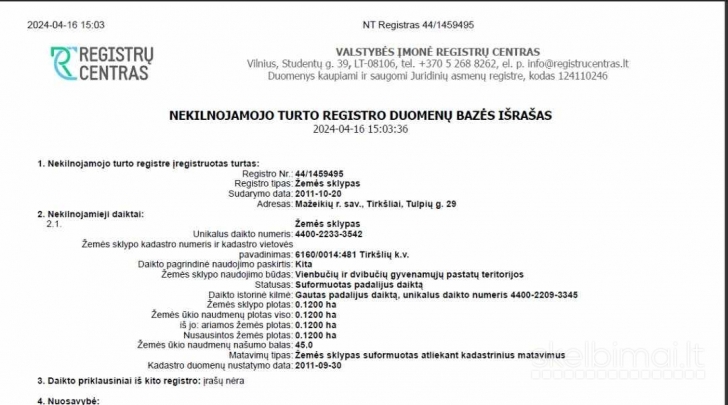 PARDUODAMAS NAMŲ VALDOS ŽEMĖS SKLYPAS TULPIŲ G. 29, TIRKŠLIUOSE, MAŽEIKIŲ R.