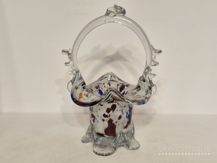 Rankų darbo Murano stiliaus stiklo krepšelis, apie 20cm.