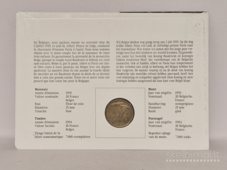 Belgija 20 frankų, 1993 KM# 159 Numizmatin. voke