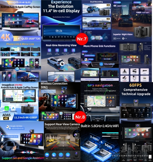 ANDROID AUTO-CARPLAY AUTOMOBILIO JUTIKLINIAI EKRANAI SU 4K KAMEROS, WI-FI, GPS