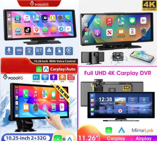 ANDROID AUTO/CARPLAY EKRANAI AUTOMOBILIUI SU 4K REGISTRATORIUMI, WI-FI IR GPS