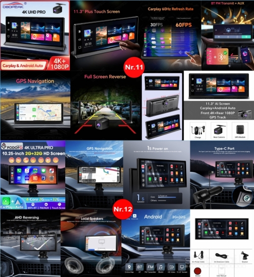 ANDROID AUTO/CARPLAY EKRANAI AUTOMOBILIUI SU 4K REGISTRATORIUMI, WI-FI IR GPS