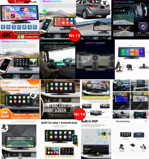 ANDROID AUTO/CARPLAY EKRANAI AUTOMOBILIUI SU 4K REGISTRATORIUMI, WI-FI IR GPS