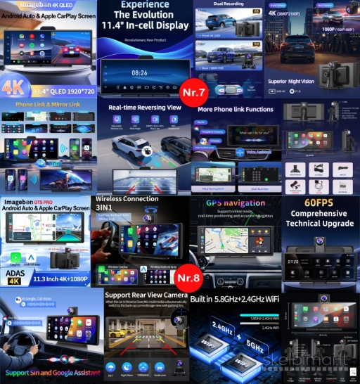 ANDROID AUTO/CARPLAY EKRANAI AUTOMOBILIUI SU 4K REGISTRATORIUMI, WI-FI IR GPS