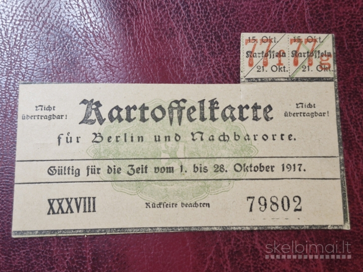 Originali 1917m. Vokietijos bulvių talonų kortelė