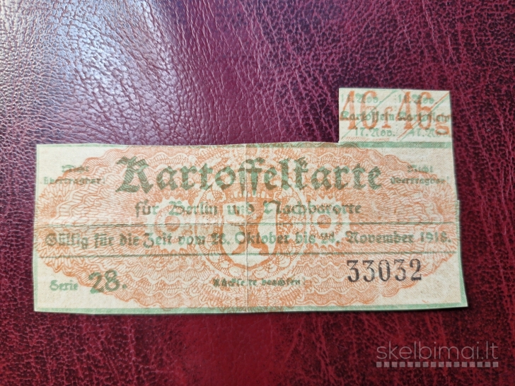 Originali 1918m. Vokietijos bulvių talonų kortelė