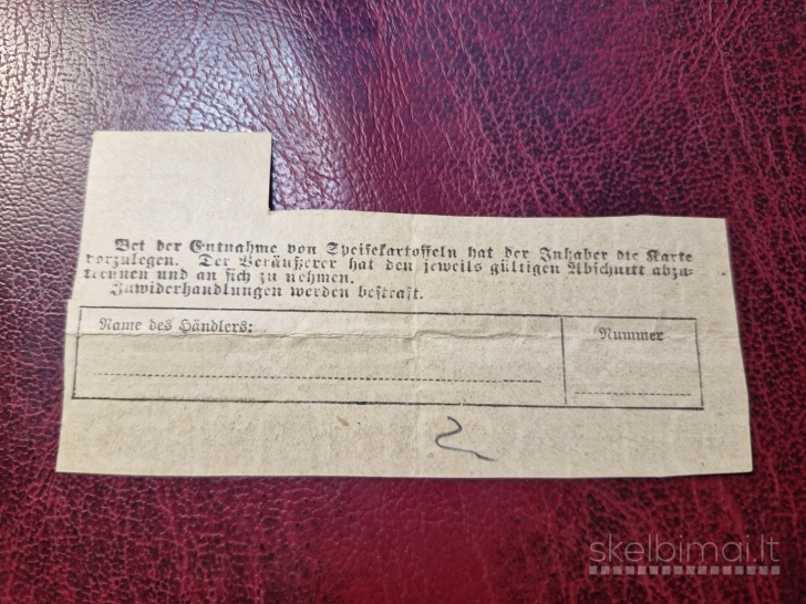 Originali 1918m. Vokietijos bulvių talonų kortelė
